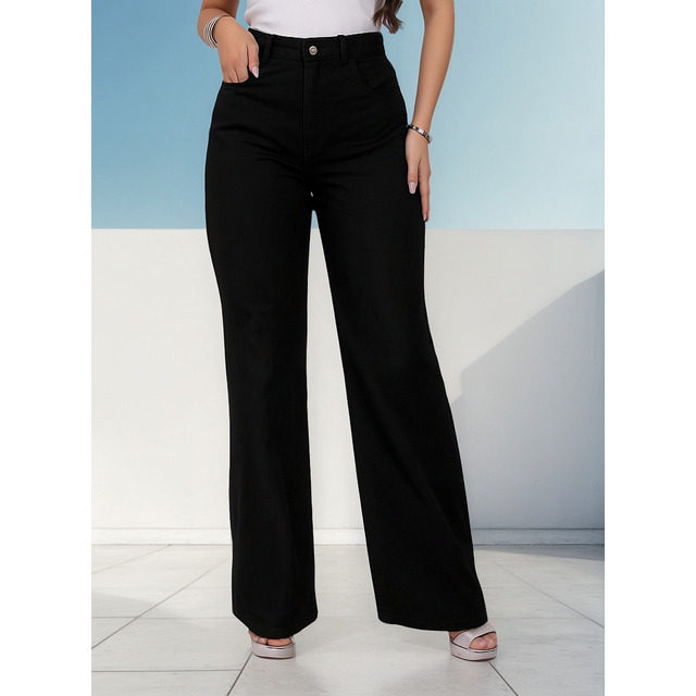 Calça Wide Leg Feminina Pantalona Cintura Alta Jeans