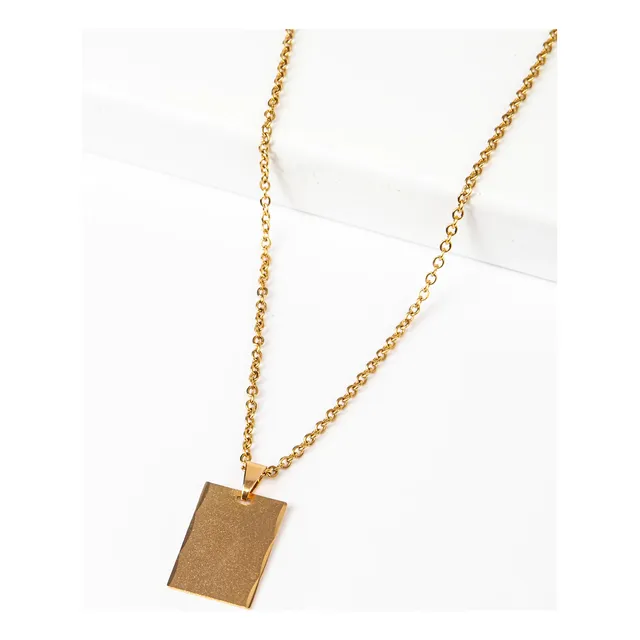 Cadena Collar Acero Dorado Con Chapa, Medalla Rectangular