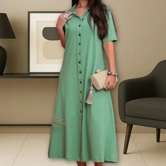 Vestido Feminino Chemise Gola Botões Estiloso Moda Evangelic