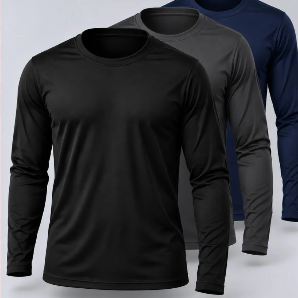 Kit 3 Camisas Uv50+ Segunda Pele Masculina Manga Longa Preto Azul-marinho E Cinza