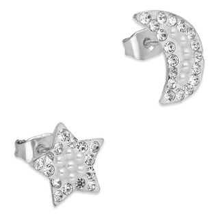 Arete Broquel Mini Perlas Luna Y Estrella Plata Ley .925 Arete Broquel Mini Perlas Luna Y Estrella Plata Ley .925