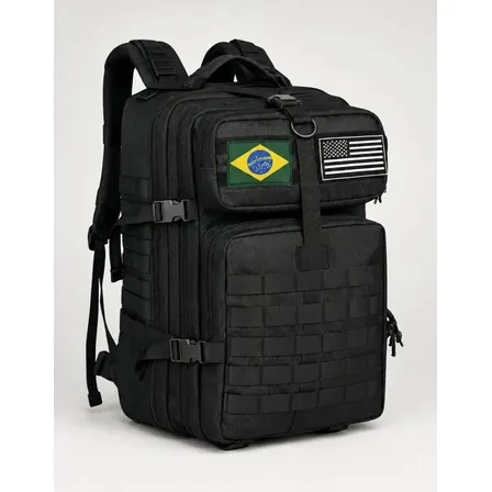 Mochila Tática Militar 50l Bagear Masculina Reforçada Impermeável Ideal Para Trabalho Viagem Camping Caça Pesca Com 2 Patch Bandeira Brasil Eua Cor Preta