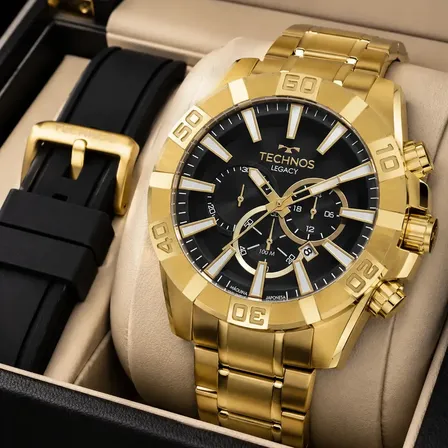Relógio Technos Masculino Legacy JS26AETT/1P Dourado 51 Milímetros Troca Pulseira Todo em Aço Inoxidável Prova D´Agua 100m com Calendário