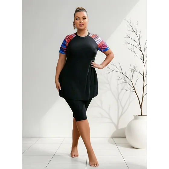 Traje De Baño Gordita Plus Extra Señora Short Largo Manga Negro 3xl