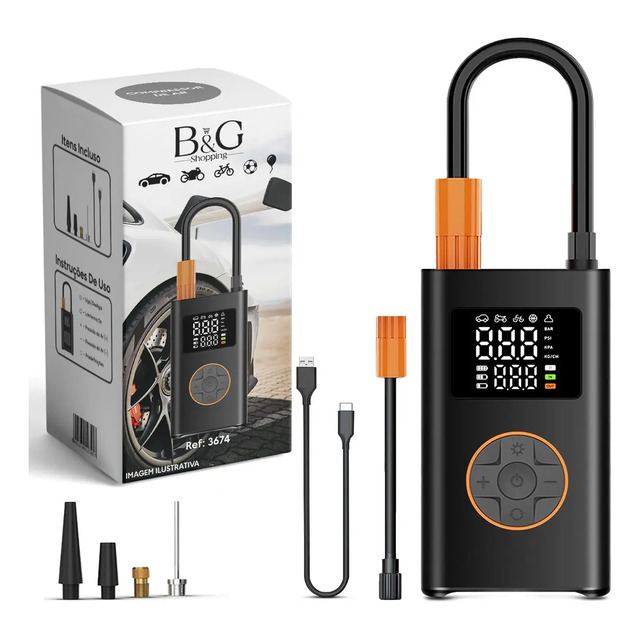 Compressor De Ar Portátil Digital B&g Bg-17 Usb-c Preto 150 Psi Bivolt Cinza-escuro 127/22...