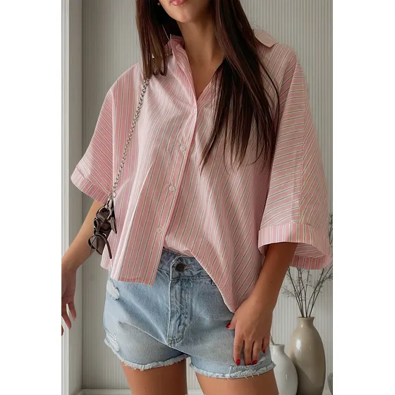 Camisa Mujer Amplia Suelta Manga Corta Poplin Over Rayada