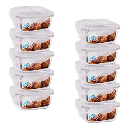 Conjunto 10 Potes De Vidro 520ml Herméticos Quadrados Com Tampa Transparente