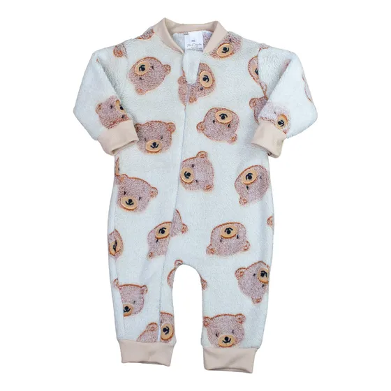 Macacão Bebê Em Fleece Quentinho Bege Para Inverno Com Zíper