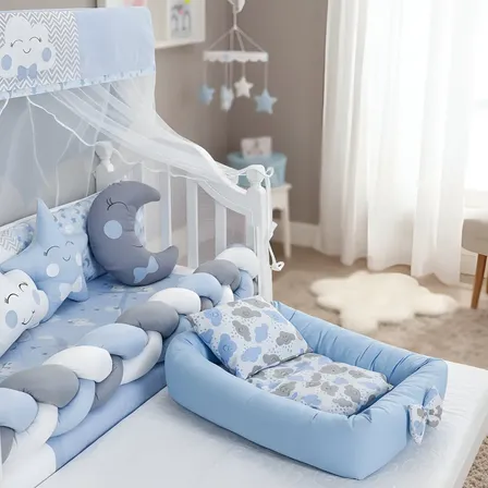 Kit Protetor De Berço Nuvem Azul + Ninho Redutor Pratico Top Nuvem Azul