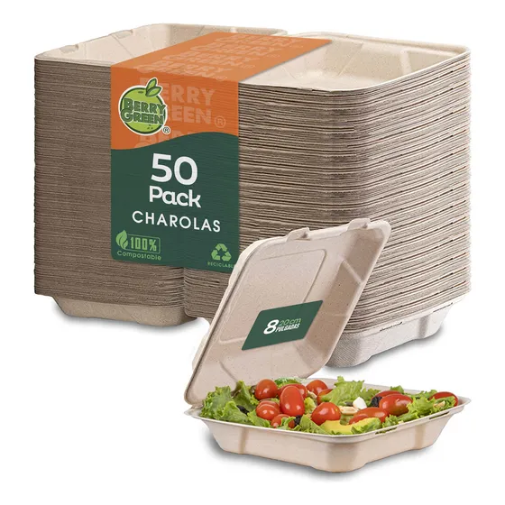 Berry Green 50 contenedores compostables para alimentos, ecológicos, resistentes a líquidos, de caña de azúcar, 20 x 20 x 6.5 cm (8"), aptos para microondas