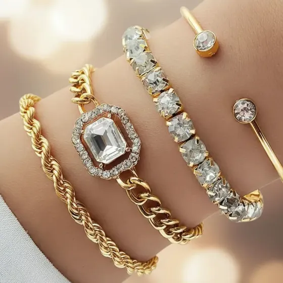 Conjunto 4 Peças Pulseira Bracelete Feminina Dourada Premium