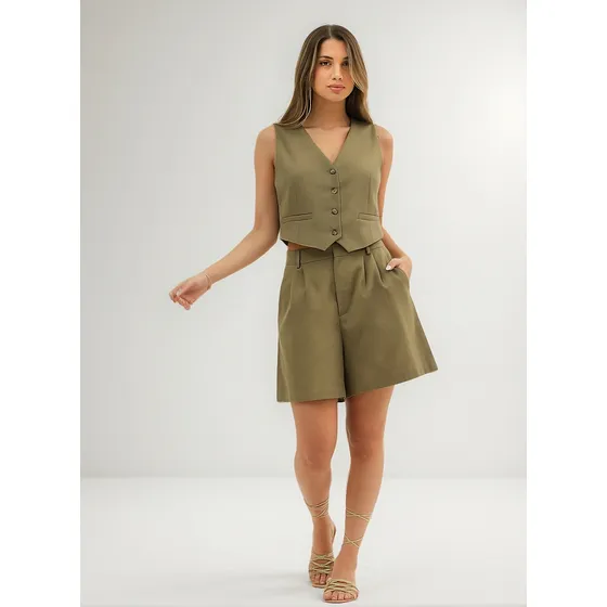 Conjunto Sastrero Mujer Lino Mochi Bermuda + Chaleco
