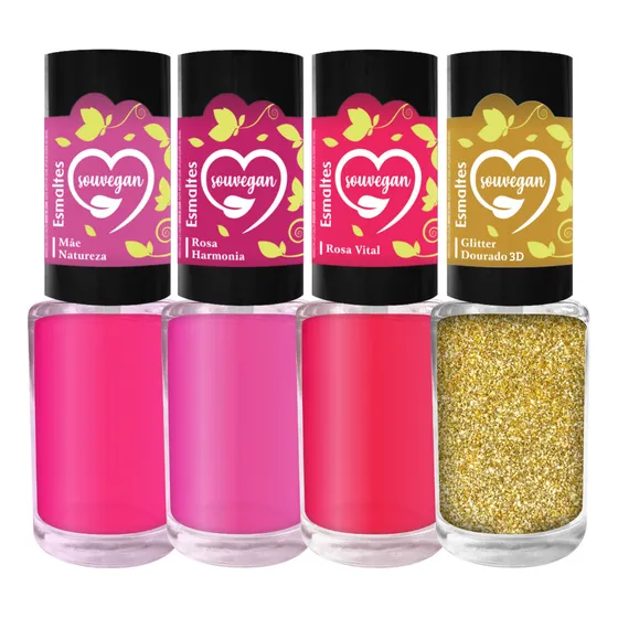 Kit 4 Esmaltes Sou Vegan Tons Rosa Glitter Dourado
