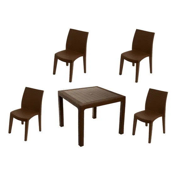 Kit 4 Cadeira Rattan + Mesa Reforçada Montável Cor Café
