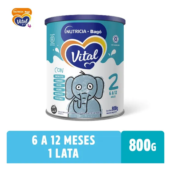Leche de fórmula en polvo sin TACC Nutricia Bagó Vital 2 en lata de 1 de 800g - 6 a 12 meses