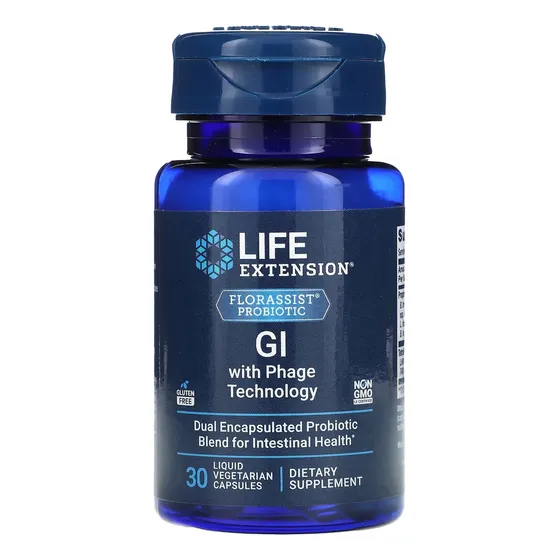 Probiótico Florassist con tecnología Gi Phage, 30 cápsulas, Life Extension, doble encapsulación, mejor que el probiótico Pb8 10