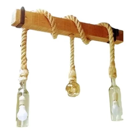 Lámpara Rústica Con Viga De Madera Y Botellas  Cortadas