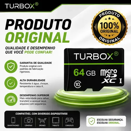 Cartao de Memória MicroSD 64GB TURBOX Classe 10 UHS-I 100MB/s