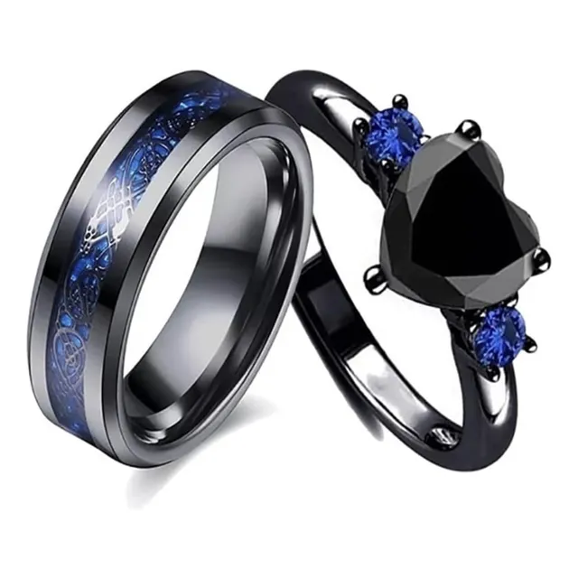 Anillo Corazon Pareja Novios Negro 2x1 Amor Tu Y Yo Azul