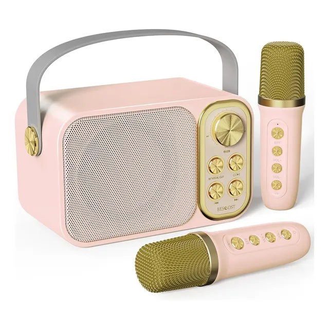 2 Micrófonos Karaoke + Bocina Bluetooth Portátil Para Niños