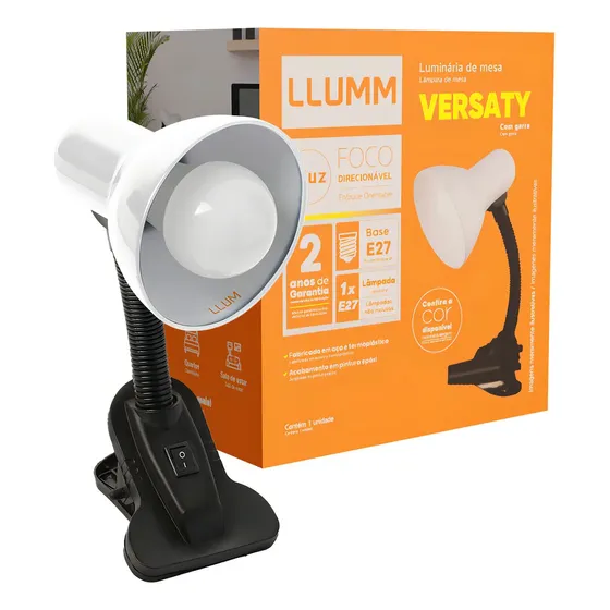 Luminária de Mesa Artículável Abajur com Garra Versaty Branco E-27 LLUMM