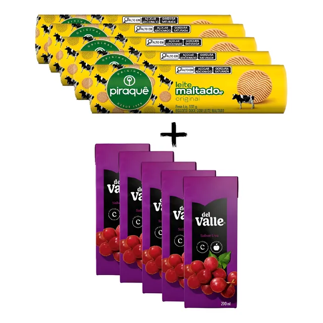 5 Biscoito Piraquê Leite Maltado132g +5 Del Valle Uva 200ml