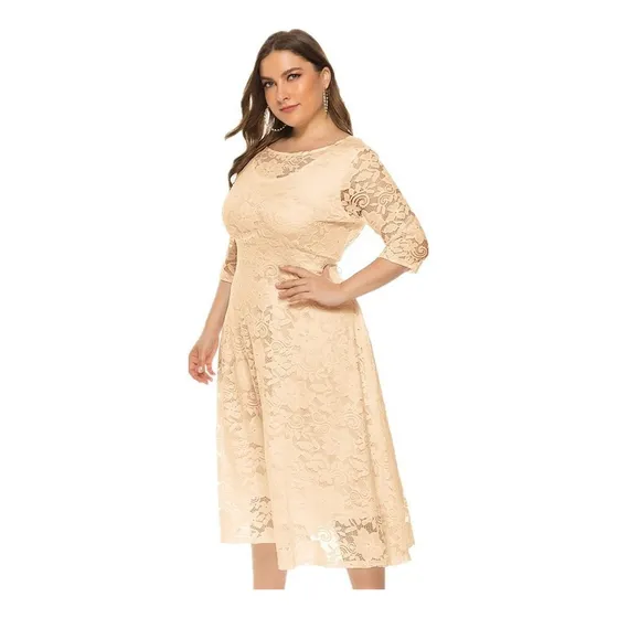 Vestido Midi De Encaje Suelto De Talla Grande Para Mujer