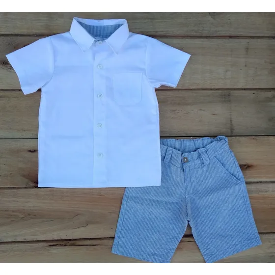 Bermuda Lino Rayada Tiki Y Camisa Blanca Algodón Bebé