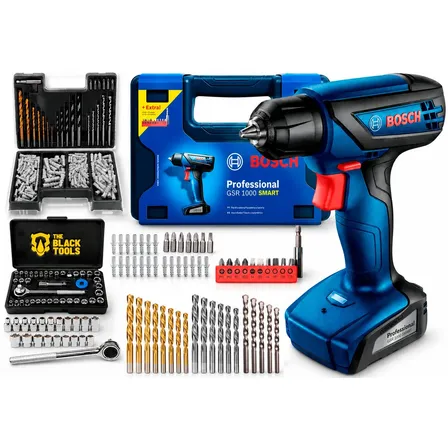 Parafusadeira E Furadeira A Bateria Bosch Gsr 1000 Smart Maleta Com Kit Brocas E Soquetes Profissional 340 Peças