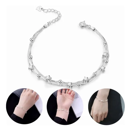 Pulsera Estrellas Y Esferas De Plata 925 Con Bolsa Y Paño