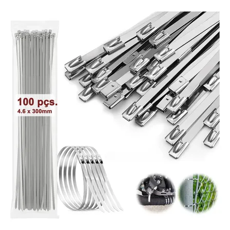 Kit 100 Abraçadeira Enforca Gato Aço Inox 4.6x 300mm Aço Inox 304 Zip Tie Metálica
