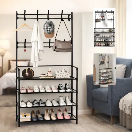 Sapateira Arara 4 Andares Multiuso  Cabideiro E Organizador Preto