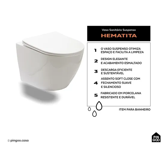 Vaso Sanitário Suspenso Saída Horizontal Hematita Branco Pingoo Casa
