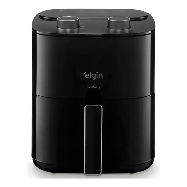 Fritadeira Air Fryer Elgin Facilita Fry de 3,5 litros na cor preta, vista frontal com botões de controle no topo