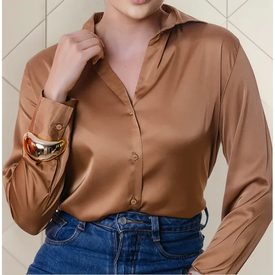 Camisa Seda Feminina Cetim Comprida Moda Gringa Executiva