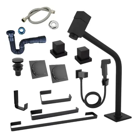 Kit Para Banheiro 10 Peças Quadrado Preto Com Ducha Preto