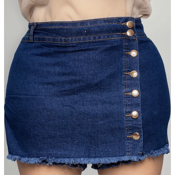 Short Saia Jeans Feminino Plus Size Cintura Alta Com Lycra