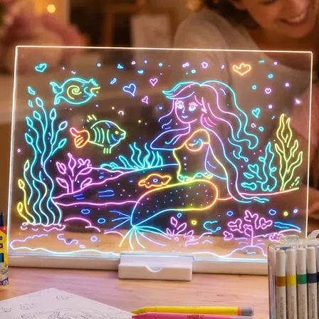Kit Lousa Mágica Led + Canetas Acrílicas 36 Cores + Desenho Branco