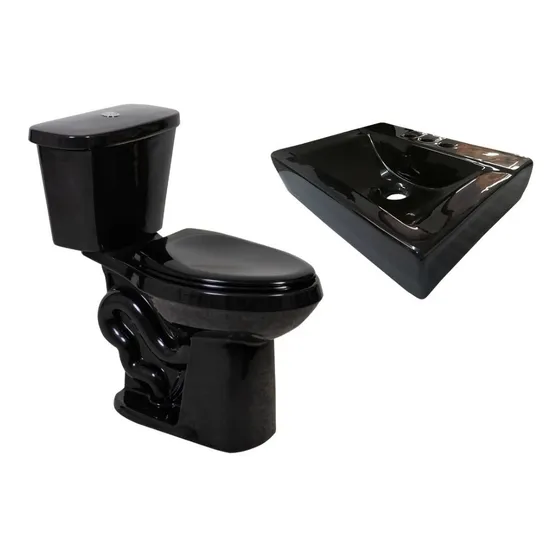 Kit De Baño Negro: Sanitario Alargado Con Tapa Y Lavabo