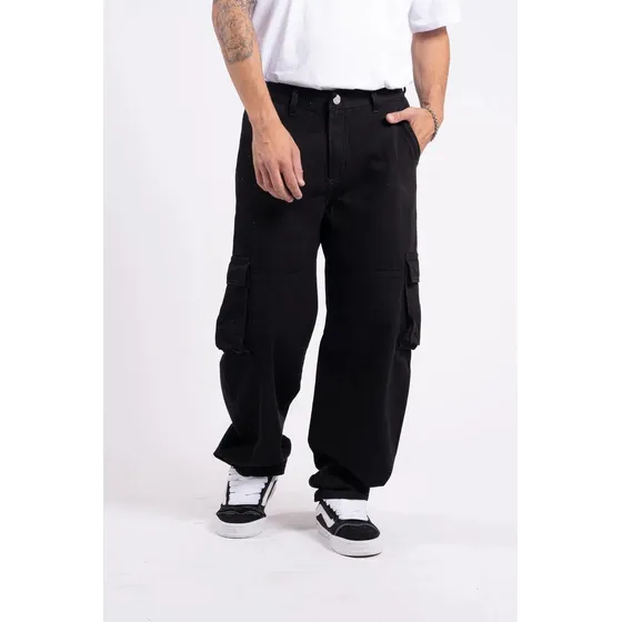 Jeans Pantalon Largo Wide Leg Cargo Negro