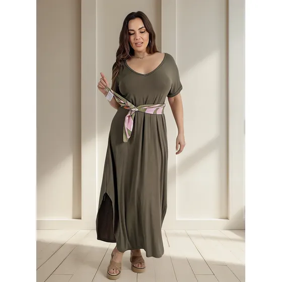 Vestido Largo Manga Corta Con Bolsillos Talles Grandes