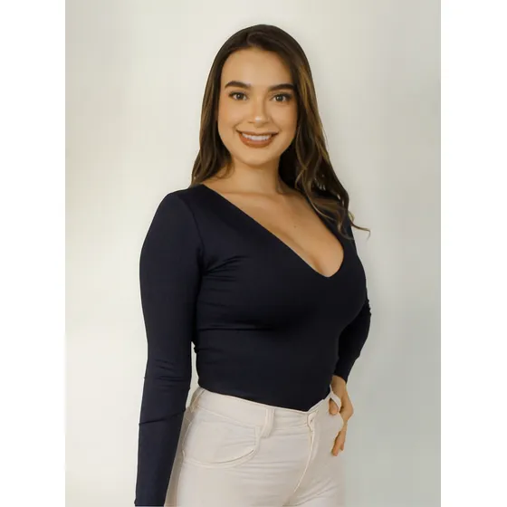 Body Blusa Licrada Cuello En V Licrado Bodie Manga Larga