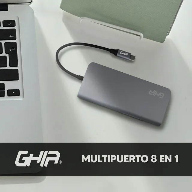 Adaptador 8 En 1 Ghia Usb C 3.1 Hdmi Rj45 Usb Micro Sd y Sd Color Métalico Modelo ADAP-20