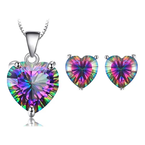 Conjunto Colar Brinco Feminino Arco-íris Fogo Místico Prata