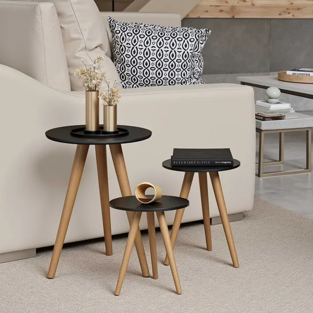 Trio De Mesa De Canto Redonda Para Sala Sofa Mesa Pé Palito