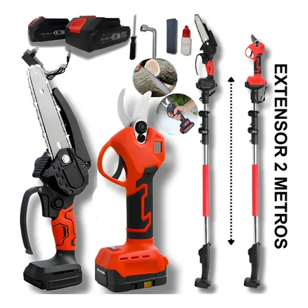 Kit Motosserra Sem Fio Tesoura Poda E Extensor 2,5m Completo Vermelho E Preto Duas Baterias 127/220v