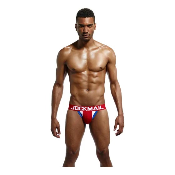 Cueca Jockstrap Masculina Jockmail Azul Branca E Vermelha