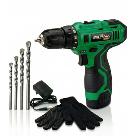Parafusadeira E Furadeira Sem Fio 12v Britânia + Kit Brocas Verde 110v/220v