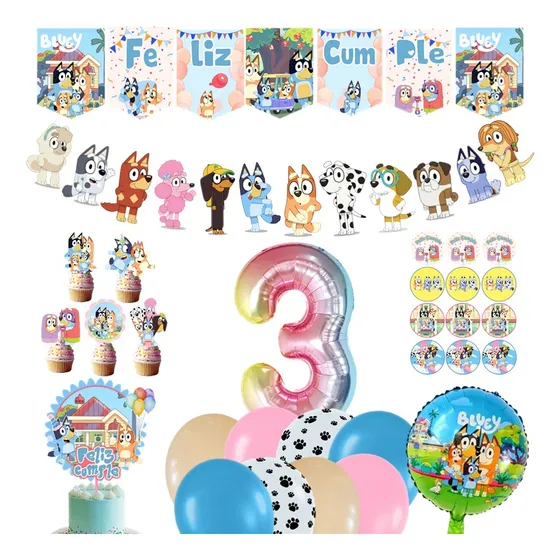 Combo De Globos Y Decoración Bluey Y Bingo Banderin Número
