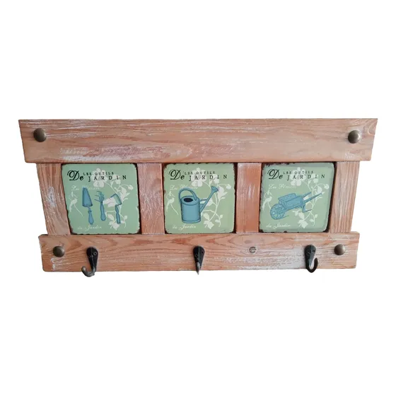 Perchero De Madera De Pared, 3 Ganchos Dobles, Rústico